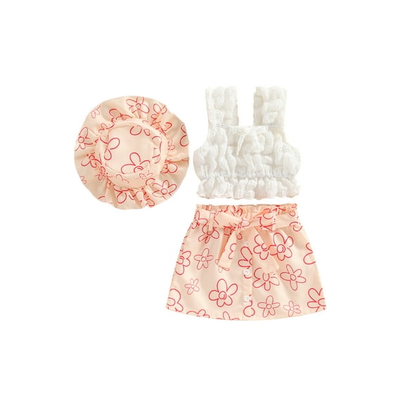 Bagilaanoe 3Pcs Toddler Baby Girls Summer Clothes Sleeveless Tank Tops   Floral Skirt   Sun Hat 6M 9M 12M 18M 24M 3T 4T Kids Casual Skirt Set