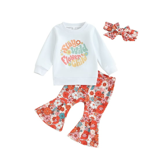 Bagilaanoe 3pcs Baby Girl Pants Set Toddler Letter Long Sleeve Sweatshirt Tops   Floral Flare Trousers   Headband 9M 12M 18M 24M 3T 4T Kids Casual Clothes