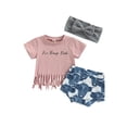 thumbnail image 1 of Bagilaanoe 3pcs Baby Girl Shorts Set Letter Short Sleeves Fringe T-Shirt Top + Bull Head Triangle Shorts + Hairband 0-24 Months Infant Summer Clothes, 1 of 9