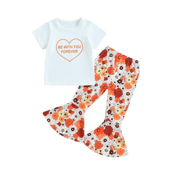 Bagilaanoe 3pcs Little Girl Long Pants Set Letter Heart Print T-Shirts Tops + Flower Print Flare Trousers 3T 4T 5T 6T 7T 8T Kid Casual Outfits