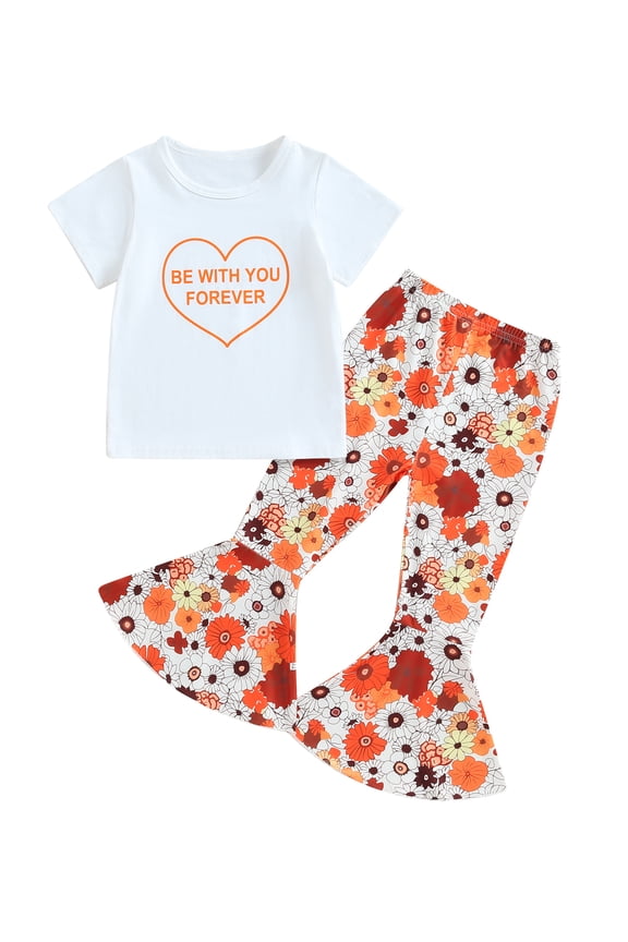 3pcs Little Girl Long Pants Set Letter Heart Print T-Shirts Tops + Flower Print Flare Trousers 3T 4T 5T 6T 7T 8T Kid Casual Outfits
