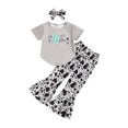 thumbnail image 1 of Bagilaanoe 3pcs Little Girl Long Pants Set Letter Print Short Sleeve T-Shirts Tops + Flare Trousers + Headband 4-9T Kids Casual Outfits, 1 of 9