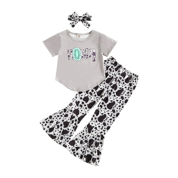 Bagilaanoe 3pcs Little Girl Long Pants Set Letter Print Short Sleeve T-Shirts Tops + Flare Trousers + Headband 4-9T Kids Casual Outfits