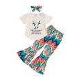 thumbnail image 1 of Bagilaanoe 3pcs Little Girl Long Pants Set Letter Print Short Sleeve T-Shirts Tops + Flare Trousers + Headband 4T 5T 6T 7T 8T 9T Kids Casual Outfits, 1 of 9