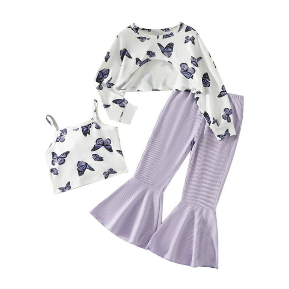 Bagilaanoe 3pcs Little Girl Pants Set Toddler Butterfly Print Long Sleeve Crop Tops + Sleeveless Cami Tops + Flare Trousers 3T 4T 5T 6T 7T Kids Casual Clothes