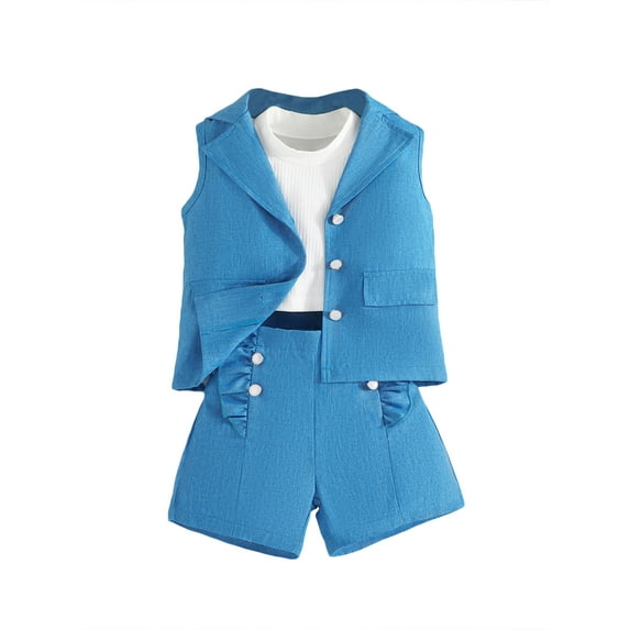 Bagilaanoe 3pcs Little Girl Shorts Set Toddler Sleeveless Tank Tops + Ruffles Shorts + Blazer Waistcoat 2T 3T 4T 5T 6T 7T 8T Kids Casual Summer Clothes