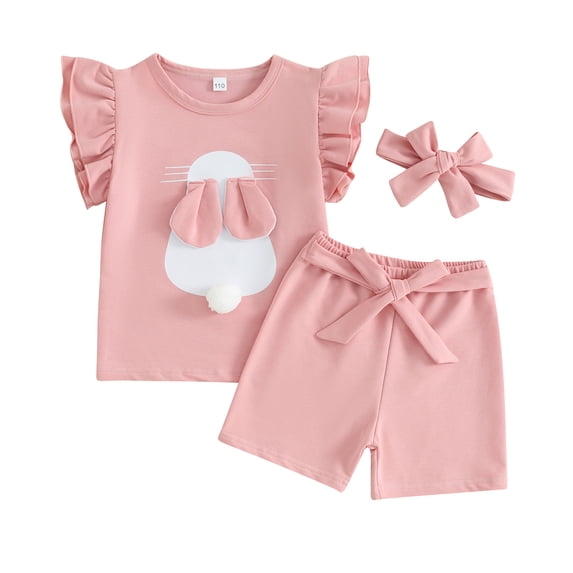 Bagilaanoe 3pcs Little Girls Easter Outfits Toddler Shorts Set Flying Sleeve Print T Shirt Tops + Shorts + Headband 3T 4T 5T 6T 7T Kids Casual Summer Clothes