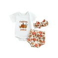 thumbnail image 1 of Bagilaanoe 3pcs Newborn Baby Boy Girl Short Pants Set Short Sleeve Pumpkin/Letter Print Romper Tops + Shorts + Headband 3M 6M 12M 18M Infant Casual Outfits, 1 of 8
