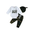 thumbnail image 1 of Bagilaanoe 3pcs Newborn Baby Boy Long Pants Set Letter Print Long Sleeve Romper Tops + Camouflage Leggings + Hat 3M 6M 12M 18M Infant Fall Casual Outfits, 1 of 8