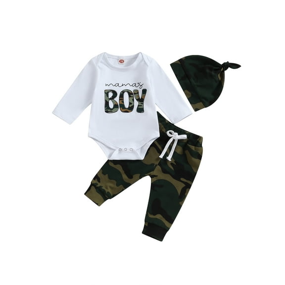 Bagilaanoe 3pcs Newborn Baby Boy Long Pants Set Letter Print Long Sleeve Romper Tops   Camouflage Leggings   Hat 3M 6M 12M 18M Infant Fall Casual Outfits
