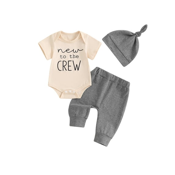Bagilaanoe 3pcs Newborn Baby Boy Pants Set Letter Embroidered Short Sleeve Romper Tops + Sweatpants + Hat 3M 6M Infant Casual Clothes