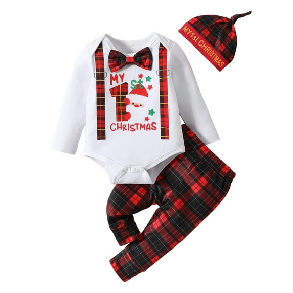 Bagilaanoe 3pcs Newborn Baby Boys Christmas Clothing Sets Letter Long Sleeve Romper Tops + Plaid Pants + Hat 3M 6M 9M 12M Infant Fall Gentleman Outfits