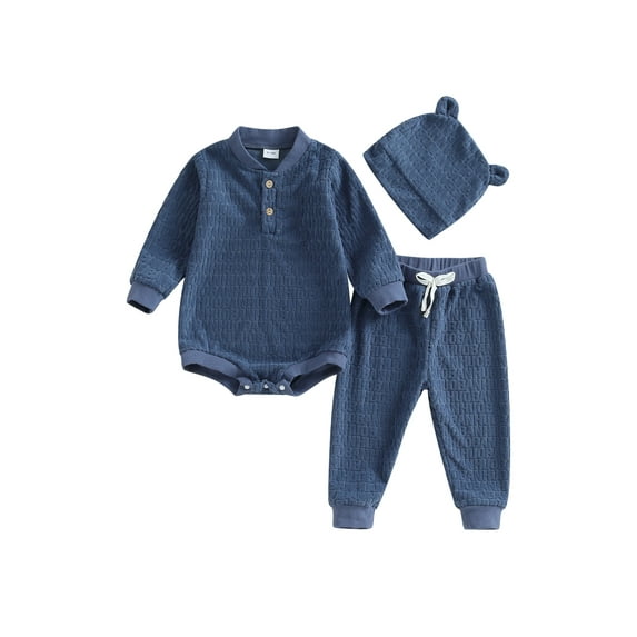 Bagilaanoe 3pcs Newborn Baby Boys Long Pants Set Long Sleeve Romper Tops + Trousers + Hat 3M 6M 9M 12M 18M Infant Fall Casual Outfits