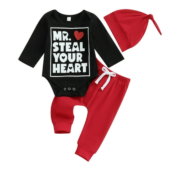 Bagilaanoe 3pcs Newborn Baby Boys Valentines Day Clothes Long Sleeve Romper Tops + Sweatpants + Hat 3M 6M 12M 18M Infant Pants Set