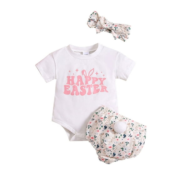 Bagilaanoe 3pcs Newborn Baby Easter Outfits Girl Shorts Set Rabbit Short Sleeve Romper Tops + Shorts + Headband 3M 6M 9M 12M 18M Infant Casual Clothes