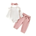 thumbnail image 1 of Bagilaanoe 3pcs Newborn Baby Girl Boy Pants Set Long Sleeve Romper Tops + Belted Trousers + Headband 3M 6M 9M 12M 18M Infant Casual Clothes, 1 of 9
