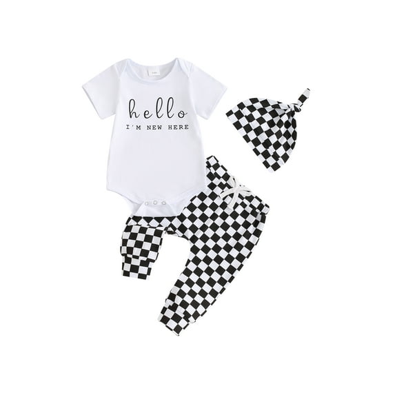 Bagilaanoe 3pcs Newborn Baby Girl Boy Summer Outfits Pants Set Letter Short Sleeve Romper Tops + Checkerboard Leggings + Hat 3M 6M Infant Casual Clothes