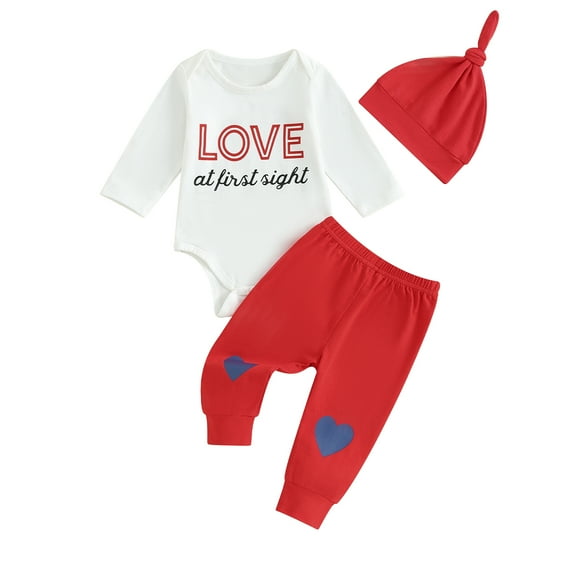 Bagilaanoe 3pcs Newborn Baby Girl Boy Valentine’s Day Clothes Long Sleeve Romper Tops + Heart Print Trousers + Hat 3M 6M 12M 18M Infant Pants Set