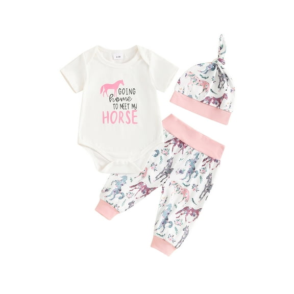 Bagilaanoe 3pcs Newborn Baby Girl Boys Summer Outfits Pants Set Print Short Sleeve Romper Tops + Leggings + Hat 3M 6M 12M 18M Infant Casual Clothes