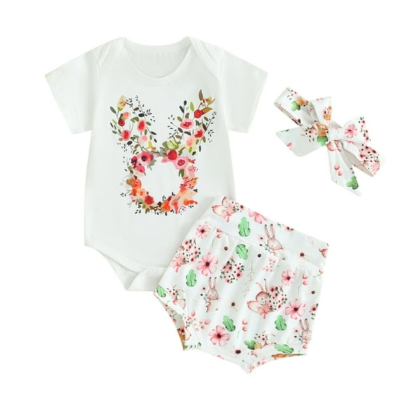 Bagilaanoe 3pcs Newborn Baby Girl Easter Clothes Short Sleeve Print Romper Tops   Shorts   Headband 3M 6M 9M 12M Infant Casual Shorts Set