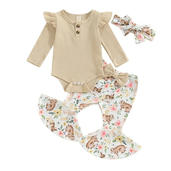 Bagilaanoe 3pcs Newborn Baby Girl Easter Outfits Pants Set Long Sleeve Romper Tops   Flare Trousers   Headband 3M 6M 9M 12M 18M Infant Casual Clothes