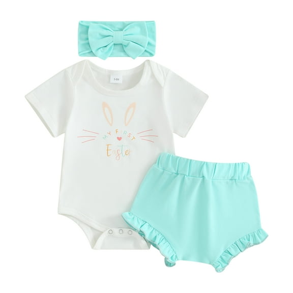 Bagilaanoe 3pcs Newborn Baby Girl Easter Outfits Shorts Set Short Sleeve Letter Print Romper Tops   Ruffle Shorts   Headband 3M 6M 12M 18M Infant Casual Summer Clothes