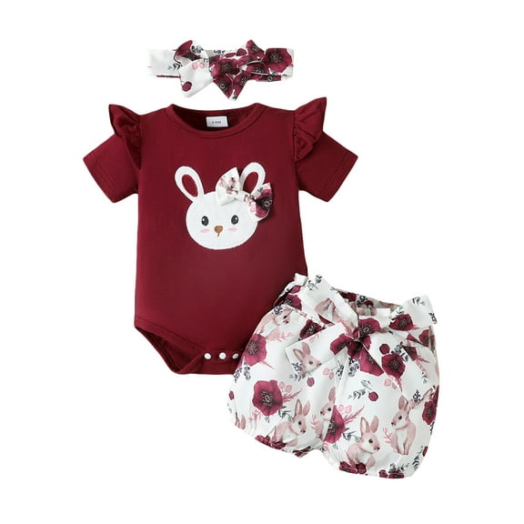 Bagilaanoe 3pcs Newborn Baby Girl Easter Outfits Shorts Set Short Sleeve Letter Print Romper Tops   Striped Shorts   Hairband 3M 6M 9M 12M 18M Infant Casual Summer Clothes