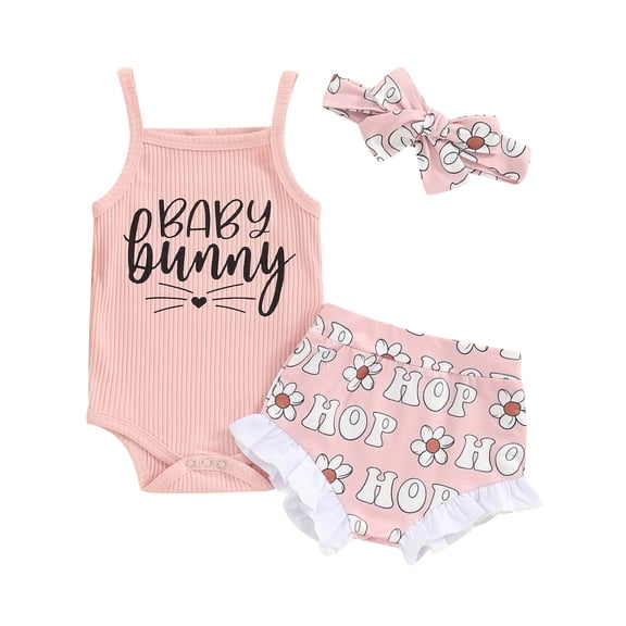 Bagilaanoe 3pcs Newborn Baby Girl Easter Outfits Shorts Set Sleeveless Letter Print Rompers Tops   Shorts   Headband 3M 6M 12M 18M Infant Casual Summer Clothes