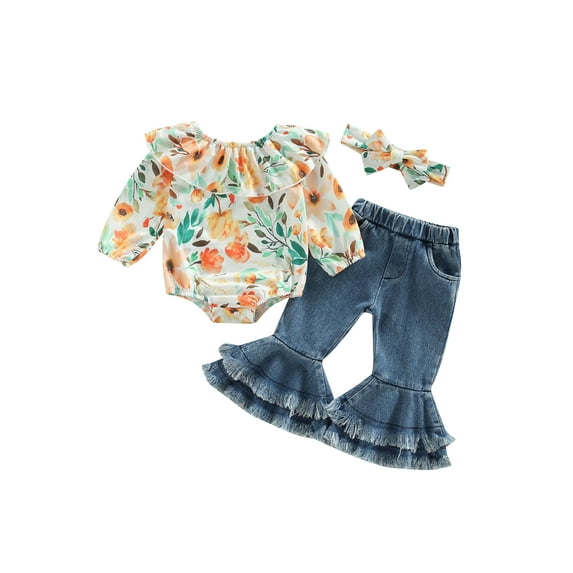 Bagilaanoe 3pcs Newborn Baby Girl Long Pants Set Floral Print Long Sleeve Romper Tops + Denim Flare Jeans + Headband 3M 6M 12M 18M 24M Infant Casual Outfits