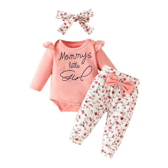 Bagilaanoe 3pcs Newborn Baby Girl Long Pants Set Letter Print Long Sleeve Romper Tops + Trousers + Headband 3M 6M 9M 12M 18M Infant Casual Outfits