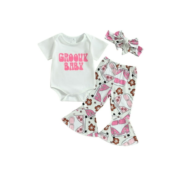 Bagilaanoe 3pcs Newborn Baby Girl Long Pants Set Letter Print Short Sleeve Romper Tops + Flare Trousers + Headband 6M 12M 18M 24M Infant Casual Outfits