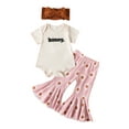 thumbnail image 1 of Bagilaanoe 3pcs Newborn Baby Girl Long Pants Set Letter Print Short Sleeve Romper Tops + Floral Flare Trousers + Headband 6M 12M 18M 24M Infant Casual Outfits, 1 of 9