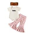 thumbnail image 1 of Bagilaanoe 3pcs Newborn Baby Girl Long Pants Set Letter Print Short Sleeve Romper Tops + Floral Flare Trousers + Headband 6M 12M 18M 24M Infant Casual Outfits, 1 of 9