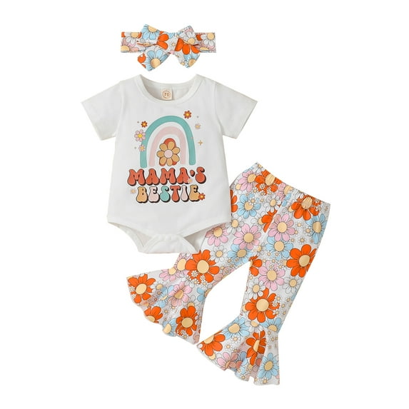Bagilaanoe 3pcs Newborn Baby Girl Long Pants Set Short Sleeve Romper Tops + Print Print Flare Trousers + Headband 3M 6M 12M 18M Infant Casual Outfits