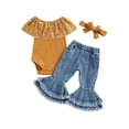 thumbnail image 1 of Bagilaanoe 3pcs Newborn Baby Girl Long Pants Set Sleeveless Lace Patchwork Romper Tops + Flare Jeans Headband 3M 6M 9M 12M 24M Infant Casual Outfits, 1 of 9