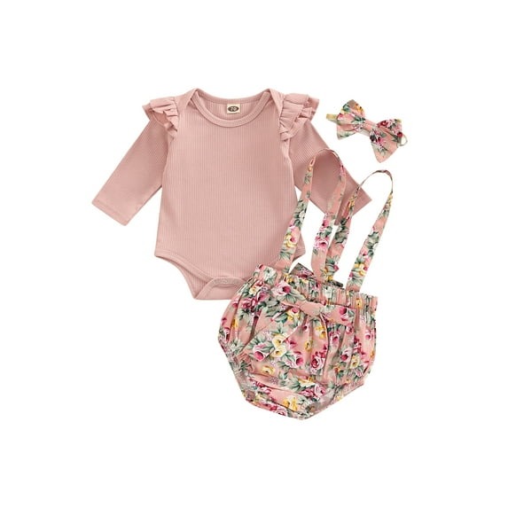 Bagilaanoe 3pcs Newborn Baby Girl Overalls Set Long Sleeve Ruffle Romper Tops + Floral Suspender Shorts + Headband 3M 6M 12M 18M Infant Casual Outfits