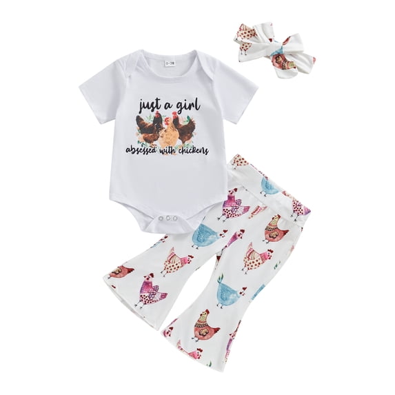 Bagilaanoe 3pcs Newborn Baby Girl Pants Set Cartoon Short Sleeve Romper Tops + Flare Trousers + Headband 3M 6M 12M 18M Infant Casual Clothes