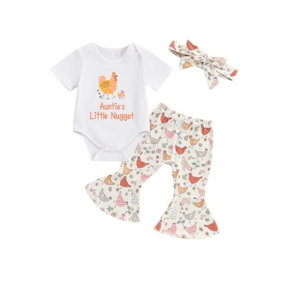 Bagilaanoe 3pcs Newborn Baby Girl Pants Set Letter Print Short Sleeve Romper Tops + Flare Trousers + Headband 6M 12M 18M 24M Infant Casual Clothes