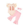 thumbnail image 1 of Bagilaanoe 3pcs Newborn Baby Girl Pants Set Letter Short Sleeve Romper Tops + Flare Trousers + Headband 3M 6M 12M 18M Infant Casual Clothes, 1 of 7