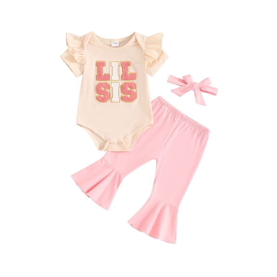 Bagilaanoe 3pcs Newborn Baby Girl Pants Set Letter Short Sleeve Romper Tops + Flare Trousers + Headband 3M 6M 12M 18M Infant Casual Clothes