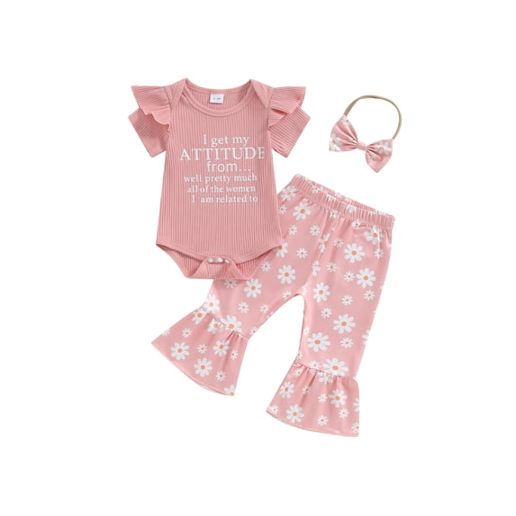 Bagilaanoe 3pcs Newborn Baby Girl Pants Set Letters Short Sleeve Romper Tops + Floral Flare Trousers + Headband 3M 6M 12M 18M Infant Casual Clothes