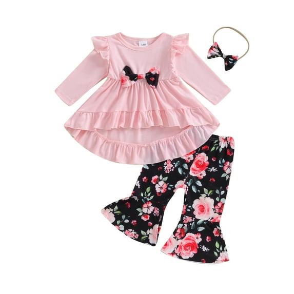 Bagilaanoe 3pcs Newborn Baby Girl Pants Set Long Sleeve A-Line Dress Tops + Floral Leggings + Headband 3M 6M 9M 12M 18M 24M Infant Casual Clothes