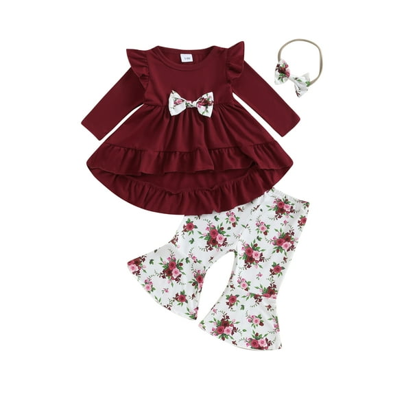 Bagilaanoe 3pcs Newborn Baby Girl Pants Set Long Sleeve A-Line Dress Tops + Floral Leggings + Headband 3M 6M 9M 12M 18M 24M Infant Casual Clothes