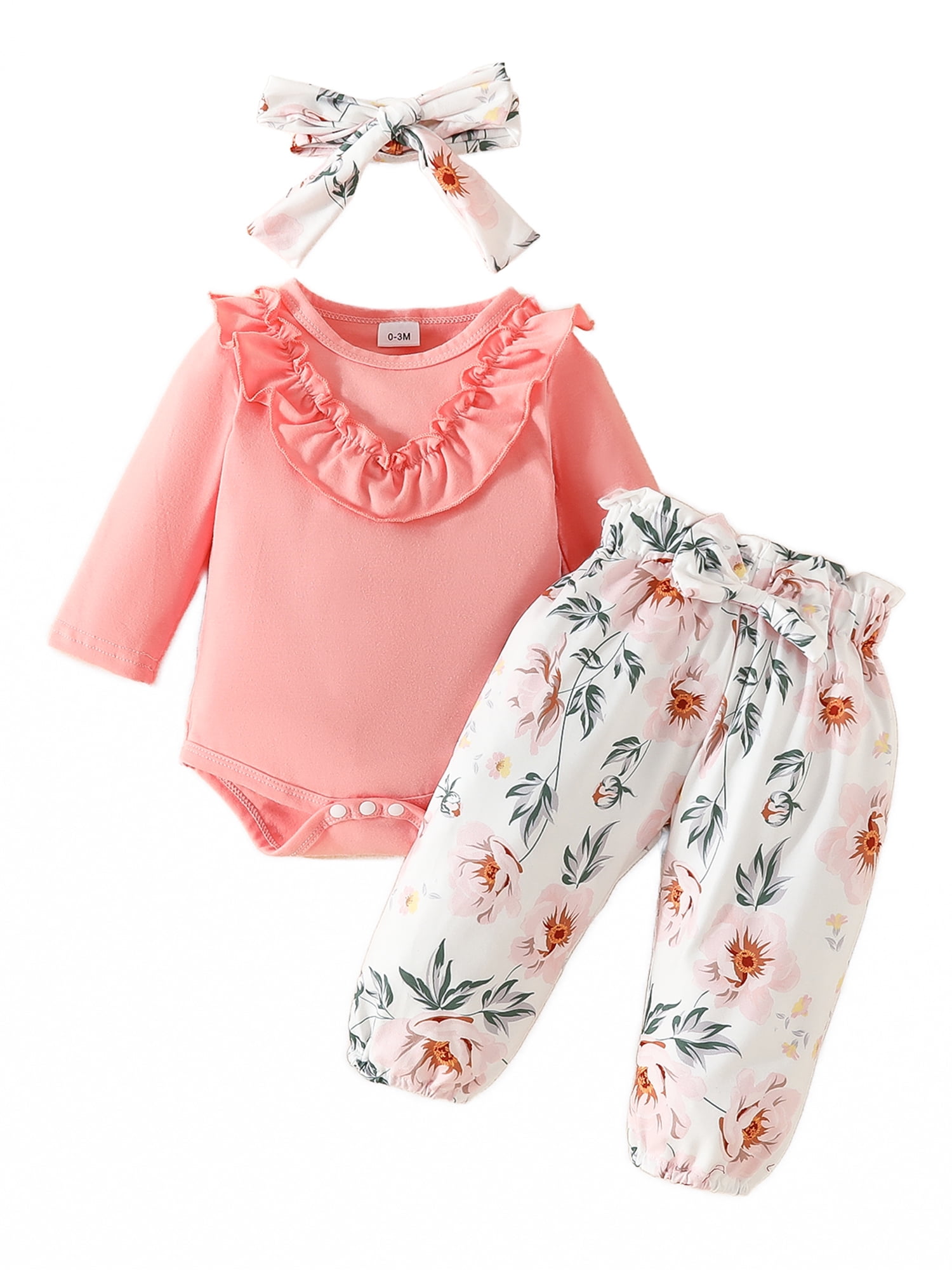 Bagilaanoe 3pcs Newborn Baby Girl Pants Set Long Sleeve Romper Tops + Floral Leggings + Headband