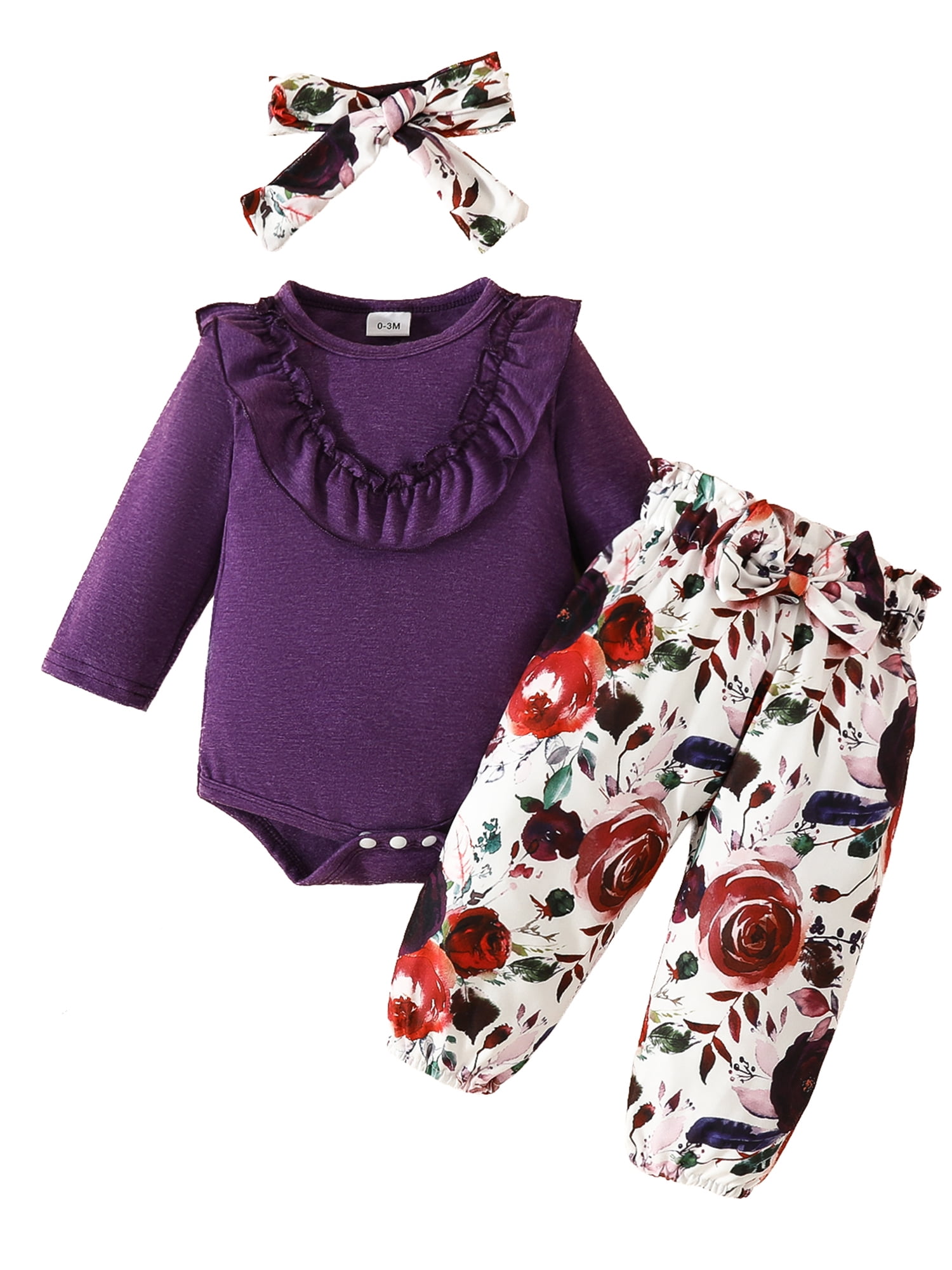 Bagilaanoe 3pcs Newborn Baby Girl Pants Set Long Sleeve Romper Tops + Floral Leggings + Headband
