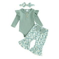 thumbnail image 1 of Bagilaanoe 3pcs Newborn Baby Girl Pants Set Long Sleeve Romper Tops + Flower Print Flare Trousers + Headband 3M 6M 9M 12M 18M Infant Casual Clothes, 1 of 7