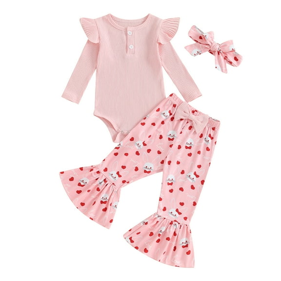Bagilaanoe 3pcs Newborn Baby Girl Pants Set Long Sleeve Romper Tops   Print Flare Trousers   Headband 3M 6M 9M 12M 18M Infant Casual Clothes