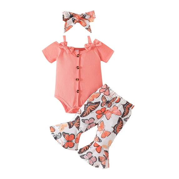 Bagilaanoe 3pcs Newborn Baby Girl Pants Set Short Sleeve Romper Tops + Butterfly Print Flare Trousers + Headband 3M 6M 9M 12M 18M Infant Casual Clothes