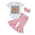 thumbnail image 1 of Bagilaanoe 3pcs Newborn Baby Girl Pants Set Short Sleeve Romper Tops + Checkerboard Flare Trousers + Headband 3M 6M 12M 18M Infant Casual Clothes, 1 of 8