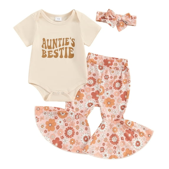 Bagilaanoe 3pcs Newborn Baby Girl Pants Set Short Sleeve Romper Tops + Floral Flare Trousers + Headband 3M 6M 12M 18M Infant Casual Clothes